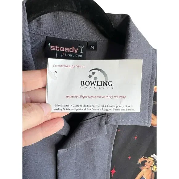 Vintage Steady Last Call Men's Shirt M Short Sleeve Gray Button Pinup Girls - Picture 9 of 12